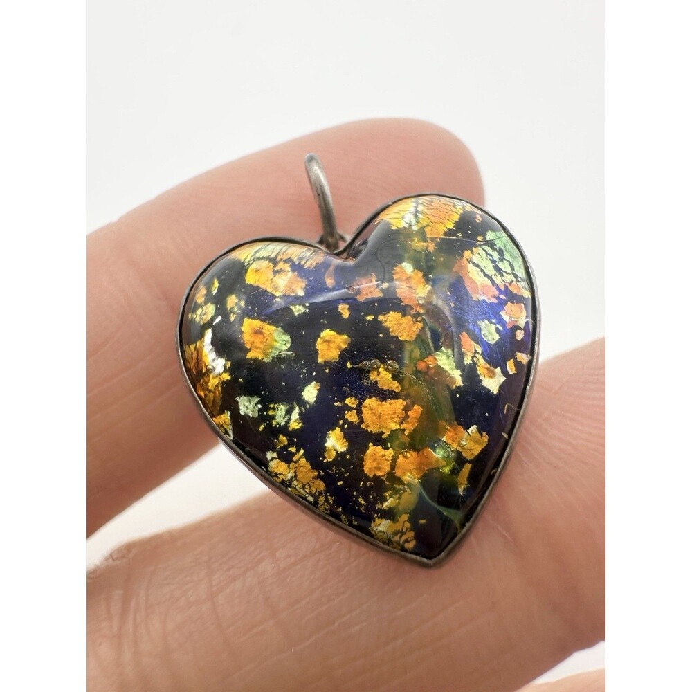 Vintage Sterling Silver Foil Art Glass Heart Pendant